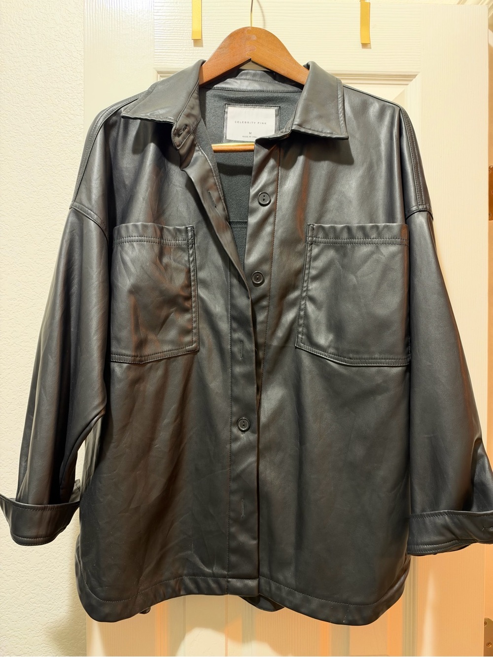 Celebrity Pink Black Faux Leather Shirt Jacket